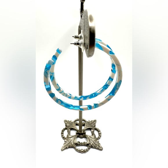 Turquoise Aqua & White Large Hoop Pierced Earrings-Retro Look! - Picture 7 of 10